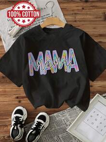 | Exquisite Design | Loose And Comfortable | Easy To Match | [Mother's Day] Women's Spring/Summer T-Shirt, Colorful Style, Contrasting Colors, 'Mama' Print, Pure Cotton, Casual Daily Wear, Short Sleeve, Round Neck, Women's T-Shirt - 黑色 - 查看 1