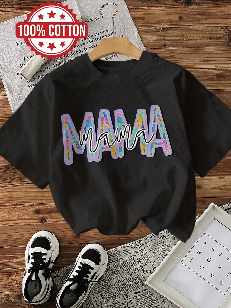 | Exquisite Design | Loose And Comfortable | Easy To Match | [Mother's Day] Women's Spring/Summer T-Shirt, Colorful Style, Contrasting Colors, 'Mama' Print, Pure Cotton, Casual Daily Wear, Short Sleeve, Round Neck, Women's T-Shirt - 黑色 - 查看 1
