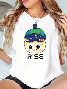An Anthropomorphic Moon With A Round Face, Spots, Blush, And A Smile, Printed On A Soft And Cute T-Shirt - Women's Casual Short-Sleeved Crew Neck T-Shirt, Made Of Soft Polyester, Loose Fit, A Fashion Essential For Spring And Summer - High Quality For Summer. - 白色 - 查看 7