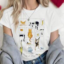 Women's Casual Summer T-Shirt, Short Sleeve T-Shirt For Women, Printed Design | Multiple Cats In Playful Poses, Cool Hand-Drawn Style, An Eye-Catching Item For Everyday Wear, Casual Round Neck, Slightly Stretchy Fabric, Regular Length. - 白色 - 查看 7