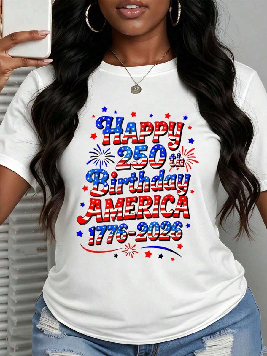 Plus-Size Women's Clothing. Patriotic Sparkle And Fireworks Print T-Shirt For The 250th Anniversary Of The United States Independence Day (1776-2026). Versatile Crew Neck Top, Soft And Casual. Recommended Gift For Independence Day Celebrations. - 白色 - 查看 1