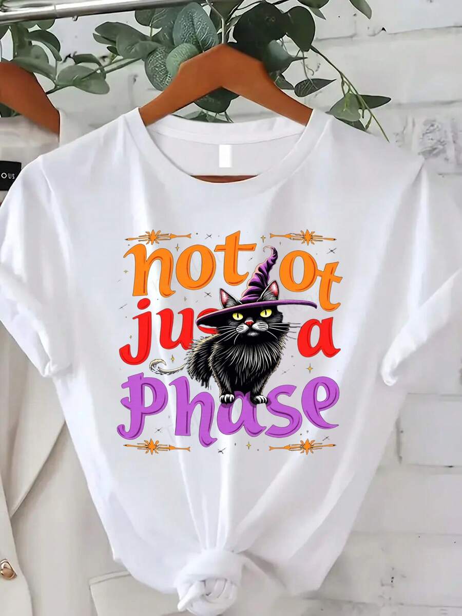 Plus Size - Trebalena Women's T-Shirt With Halloween Witch And Cat Design, Not Just For The Stage, Funny T-Shirt For Men And Women - Short Sleeve Crew Neck Graphic Tee, 100% Cotton, Summer/Autumn Clothing, Best Gift For Thanksgiving, Halloween And Christmas - 白色 - 查看 1
