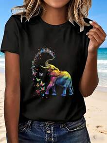 Rainbow Elephant With Butterflies Fashion Design T Shirt Women Casual Summer Beach Wear Perfect Gift For Her  Outfit Cute Animal Print Top Lightweight Comfortable Streetwear Style Party Look Fun And Colorful Graphic Tee - 黑色 - 查看 1