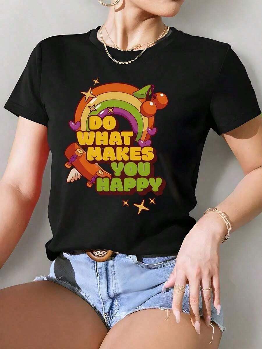 1 Classic And Versatile Piece, Women's Pure Cotton Short-Sleeved T-Shirt With Floral Print, Modern Style, Suitable For All Seasons. - Hitam - View 1