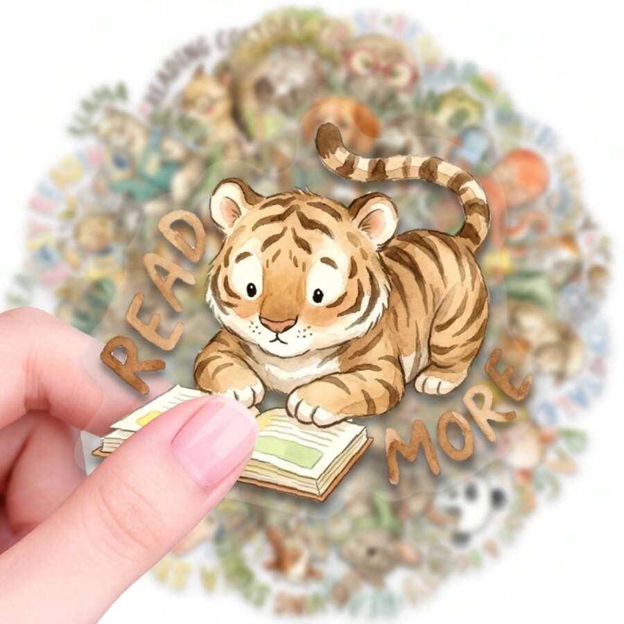 50 piezas de pegatinas de animales lindos leyendo en PET, pegatinas de dibujos animados de animales a prueba de agua adecuadas para adolescentes, abuelas, decoración del hogar, aplicables para diarios y manualidades DIY - A - Ver 1