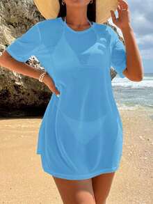 Swim Vcay Encubrimiento de playa para vacaciones de verano de unicolor transparente y de moda para mujer - Azul - Ver 1