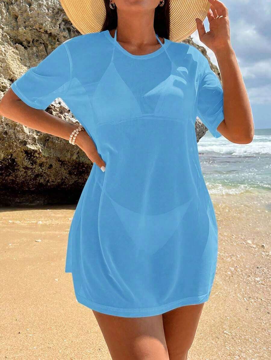 Swim Vcay Encubrimiento de playa para vacaciones de verano de unicolor transparente y de moda para mujer - Azul - Ver 1