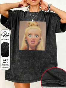 de mujer talla grande con muñeca sorprendida, cuello redondo, manga corta, casual, para primavera/verano/otoño, tops de vacaciones de verano - Negro - Ver 6
