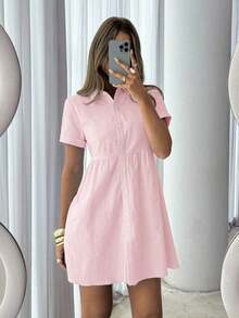 Vestido corto de un solo pecho de unicolor cómodo y casual para mujer - Rosa Pálido - Ver 7