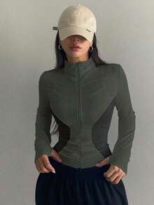 Chaqueta Ajustada Con Cierre De Cremallera Para Mujer - verde militar 2 - Ver 4