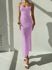 Elegante vestido largo ajustado con escote drapeado de tirantes tipo espagueti, con detalle de pliegues y abertura, de color azul, ideal para citas, bodas, primavera/verano - Morado Violeta - Ver 3