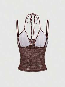 Nuevo diseño de camiseta sin mangas ajustada con rayas vintage y asimétrica 2 en 1 sexy para mujer, primavera/verano - Marrón - Ver 2