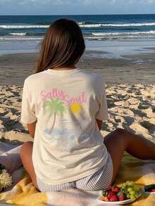 SALTY SOUL Women's Summer T-Shirt 2026, New Spring/Summer Collection, Coconut And Sun Print, Round Neck, Short Sleeve, Casual, Versatile, Essential Garment For Everyday Wear And Vacations. Women's Vacation Print T-Shirt, Loose And Comfortable, Summer Tops - 杏子 2 - 查看 7