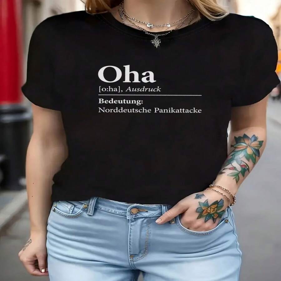 Camiseta informal de algodón para mujer, manga corta y cuello redondo con estampado de la definición alemana de Oha. - Negro - Ver 1