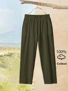 Pantalones casuales de mujer de unicolor y bolsillos minimalistas - Verde militar - Ver 8
