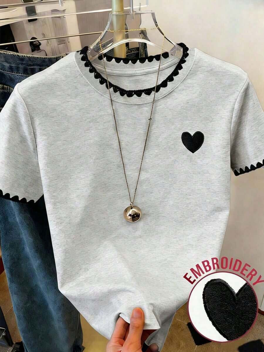 Camiseta gráfica para mujer, nuevo diseño de verano, blanca con bordado de corazón rojo y diente de perro, para uso al aire libre, estilo callejero, uso casual, citas, camiseta de manga corta para mujer - Multicolor 3 - Ver 1