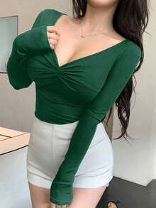 Camiseta de manga larga ajustada con cuello en V y nudo de mujer, informal - Verde Oscuro - Ver 6