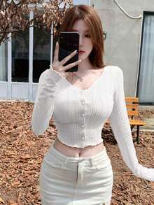 Camiseta de mujer de manga larga con rayas texturizadas y decoración de botones con forma de corazón en color rosa, adecuada para primavera y verano estilo Y2K - Blanco - Ver 4