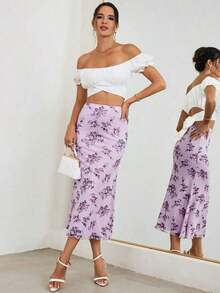 Falda de malla con estampado floral para mujer con cinturilla elástica y dobladillo de sirena - Lila Púrpura - Ver 5