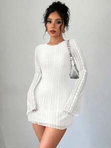 mini ajustado de encaje de estilo elegante, romántico y sexy para mujer, adecuado para fiestas, vacaciones, vuelta al colegio, citas románticas, bodas y cumpleaños - Manga larga - Blanco - Ver 5