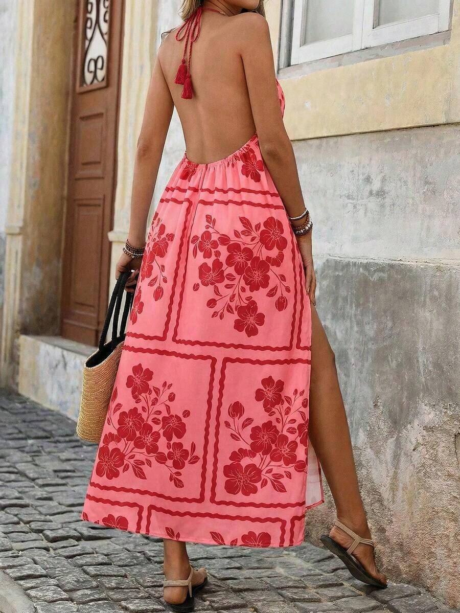 Vestido con estampado, corte con abertura alta, espalda descubierta, atar al cuello y flecos para mujer, vacaciones - Rojo - Ver 1