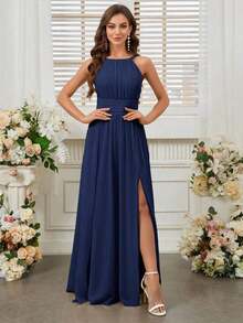 Belle Vestido de dama de honor con cuello de halter de unicolor, cintura imperio y abertura frontal alta.Elegante vestido color púrpura claro para boda. - Azul marino - Ver 6