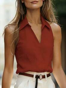 Blusa sin mangas de lino tipo mandarín con cuello, versátil y estilizadora para ir al trabajo - Color caoba - Ver 3