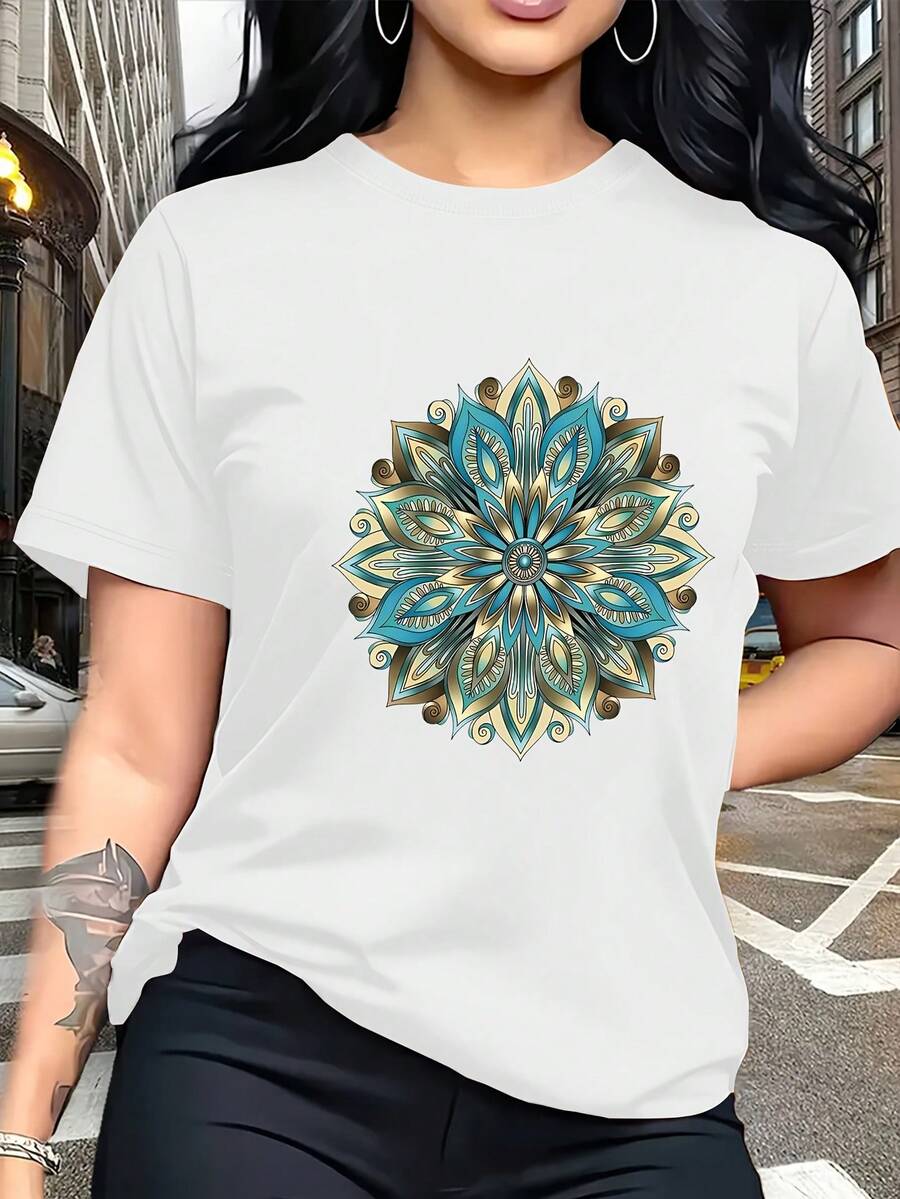 Limited Time Offer, Limited Quantities, Flash ! Women's Casual Shirts, Women's Polyester T-Shirts, Stylish Shirts. This Casual Style T-Shirt Features A Gradient Print Of Lapis Lazuli, Lotus, And Mandala, And Is Perfect For Those Seeking Individuality And A Natural Aesthetic. It Can Be Worn Alone For Everyday Outings, Or Layered Under A Jacket To Add Depth. - 白色 - 查看 1