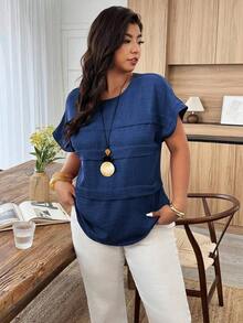 Blusa holgada de mujer talla grande con cuello redondo, mangas de murciélago y lunares en contraste, adecuada para uso diario y vacaciones, primavera/verano - Azul marino - Ver 5