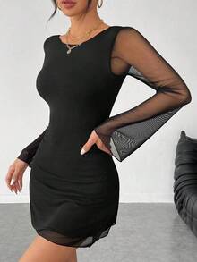 Vestido de malla con mangas de trompeta y espalda descubierta, nuevo y sexy para principios de otoño - Negro - Ver 6