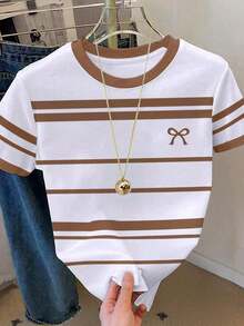 Camiseta casual versátil de manga corta con cuello redondo y estampado de corazón para mujer de talla grande - Café integral 2 - Ver 1