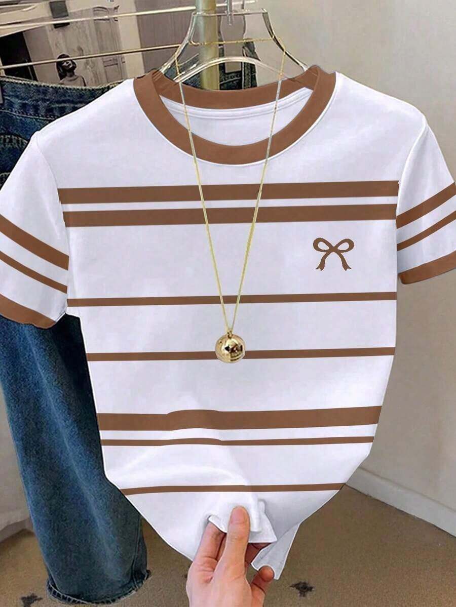 Camiseta casual versátil de manga corta con cuello redondo y estampado de corazón para mujer de talla grande - Café integral 2 - Ver 1