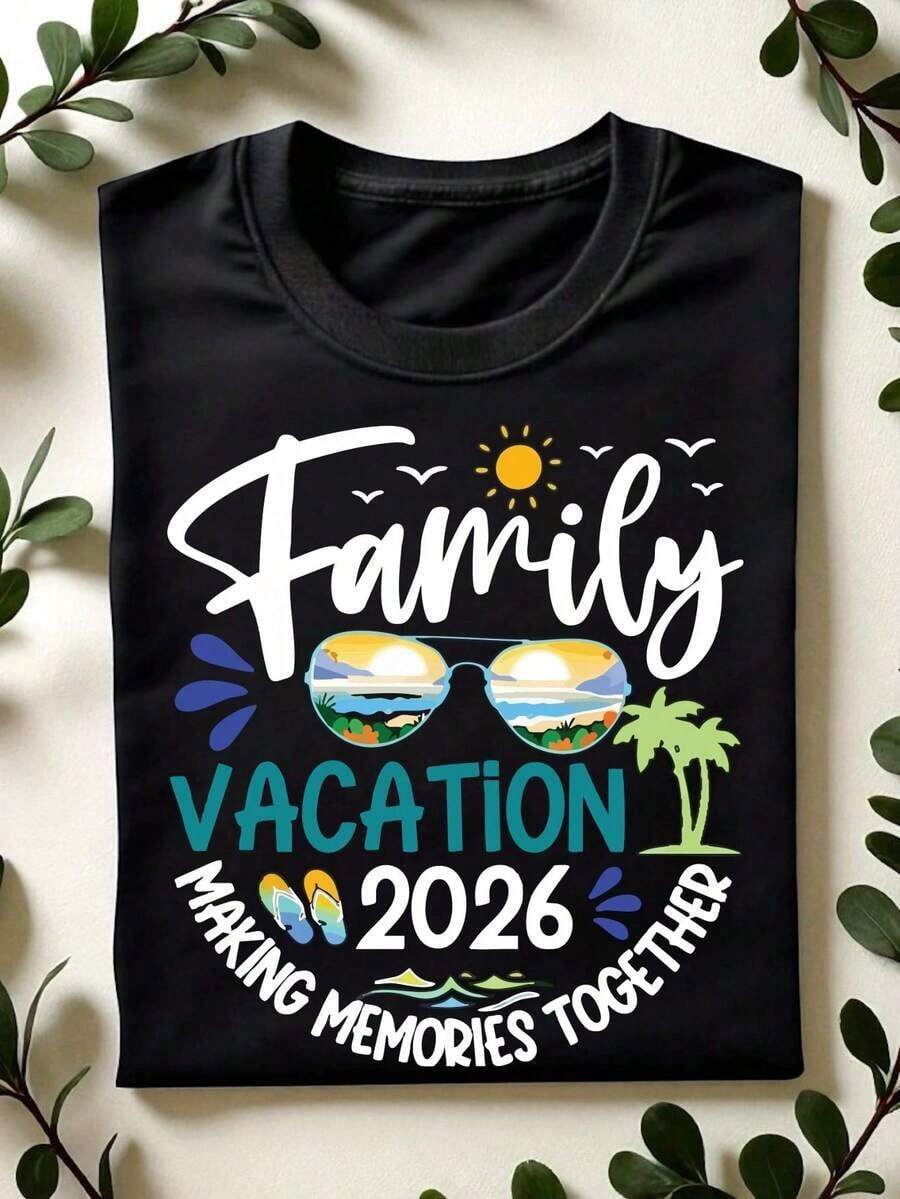 Family Vacation T-Shirt 2026, Matching Family Vacation T-Shirt, T-Shirt For Creating Memories Together, Short Sleeve T-Shirts For Family Trips, Summer Vacation Gift.CL-662 - 黑色 - 查看 1