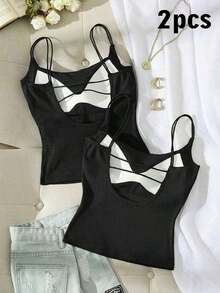 2 piezas Conjunto de camisola sin espalda ajustada para mujer, Camisola sin espalda de verano para mujer, Adecuado para el transporte diario, citas, fiestas, otoño/invierno/verano, Navidad, Año Nuevo, Acción de Gracias, fiestas, bodas, playa, ceremonias de graduación, de moda, elegante, casual, salidas, citas, reservas, transporte, brillante, Día de San Valentín, elegante, vacaciones, casual, Y2K, salidas, ceremonias de graduación y otras ocasiones. - Negro 4 - Ver 6