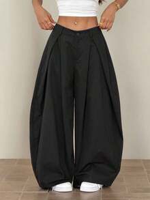 Pantalones anchos de verano con dobladillo curvo verde, estilo vintage, casual y para salir - Negro - Ver 8