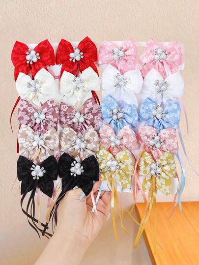 4/10pcs Set Pearl & Rhinestone Embroidered Ribbon Bow Hair Clips, Vintage Embroidered Tassel Side Clips, Black/Red/White/Brown Multi-Color Options, Elegant & Retro, Suitable For Women & Girls, Fit For Daily, Party, Wedding, Travel, Performance, Campus, Vacation, Random Color