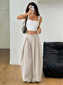 Pantalones anchos de verano con dobladillo curvo verde, estilo vintage, casual y para salir - Beis - Ver 1