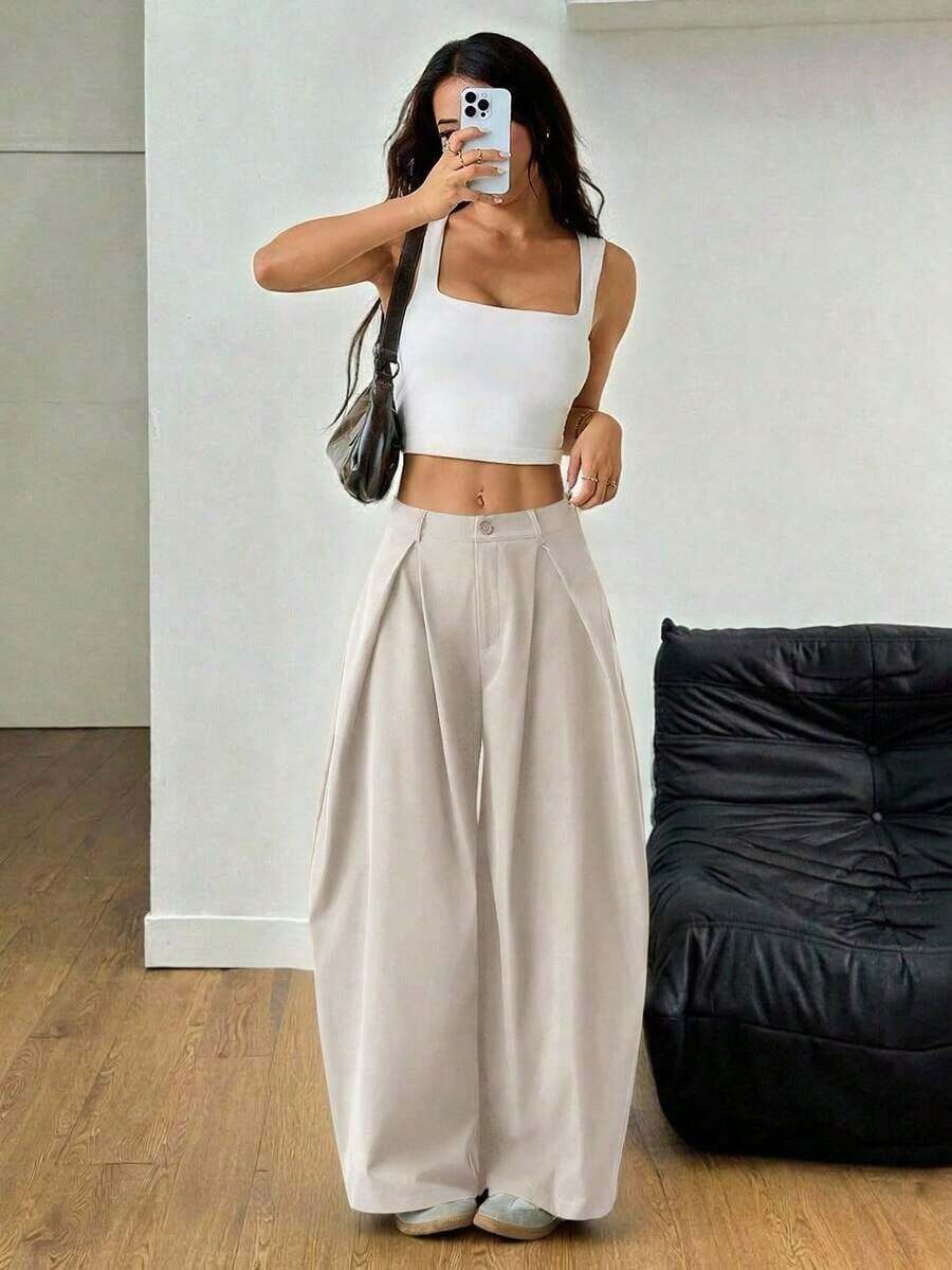 Pantalones anchos de verano con dobladillo curvo verde, estilo vintage, casual y para salir - Beis - Ver 1