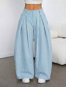 Pantalones anchos de verano con dobladillo curvo verde, estilo vintage, casual y para salir - Celeste 2 - Ver 6
