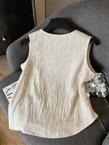 Blusa sin mangas con cuello redondo y cuentas para mujer de talla grande, con un toque elegante y juvenil, adecuada para el verano - Albaricoque - Ver 2