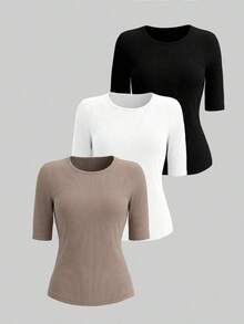 Selamara 3 piezas Camisetas casuales de mujer de unicolor, cuello redondo, manga corta y ajustadas con costillas - Multicolor - Ver 3