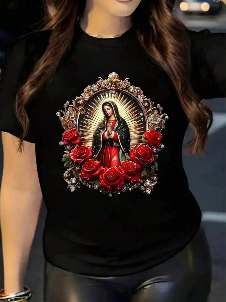 Women's Religious T-Shirt | Image Of The Virgin Mary With Red Roses And A Golden Halo | Intense Contrast Between Red, Gold, And Background, Elegant Style | HD Thermal Printing, Crisp And Durable Details | Short-Sleeved Crew Neck T-Shirt - 黑色 - 查看 1