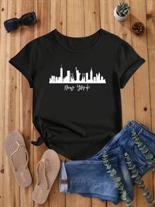 Camiseta casual holgada de verano con estampado de recuerdos de Nueva York, EE.UU. - Negro - Ver 6