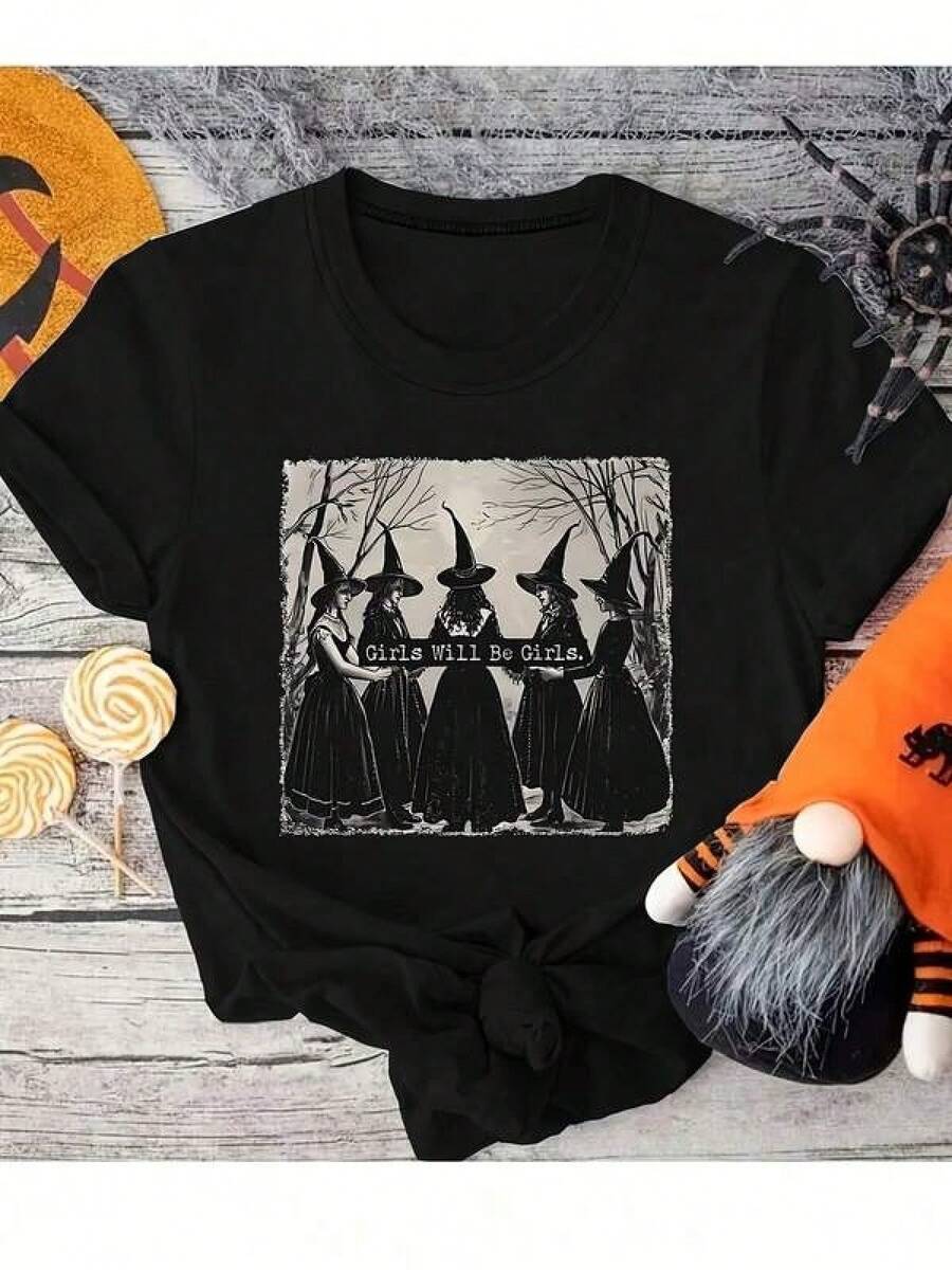 Camisetas Para Mujer AlgodónCamiseta única Y2K con diseño de brujas misteriosas resaltando la frase "Girls Will Be Girls" ideal para los amantes del estilo gótico. Perfecta para Halloween o cualquier ocasión especial, dale un toque atrevido a tu guardarropa. ¡Hazla tuya ahora! mundial 2026 - Negro - Ver 1