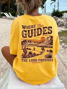 Women's Crew Neck T-Shirt, Comfortable, Colorful With Western Christian Print, Casual Short Sleeve Vacation Blouse, Women's Clothing - Women's Vacation Sets - 黃色 - 查看 5