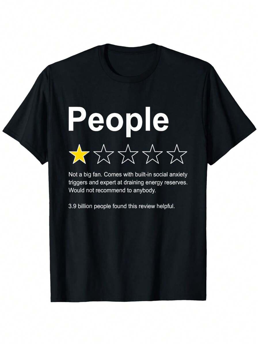 Funny T-Shirt For Introverts For Men And Women - 100% Casual Short Sleeve T-Shirt With Introvert Design (People Graphic And Star Rating), Slightly Stretchy, Regular/Wide Fit, Sizes S-XXXL, Comfortable T-Shirt For All Seasons, For Casual Wear, Parties, Daily Wear. - Black - View 1
