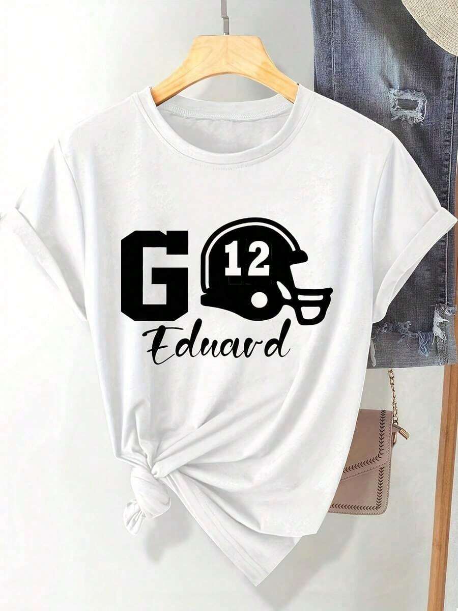 Women's Short Sleeve T-Shirt, 100% Cotton, Personalized, With Football Print - Casual Short Sleeve Crew Neck T-Shirt, Machine Washable And Comfortable For All Seasons, Personalized T-Shirt, Comfortable For Everyday Wear. - 白色 - 查看 1