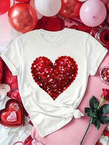 Stylish And Sparkling Heart Print T-Shirt, Casual Short Sleeve Round Neck T-Shirt, Fashionable And Versatile Top For Women - 白色 - 查看 1