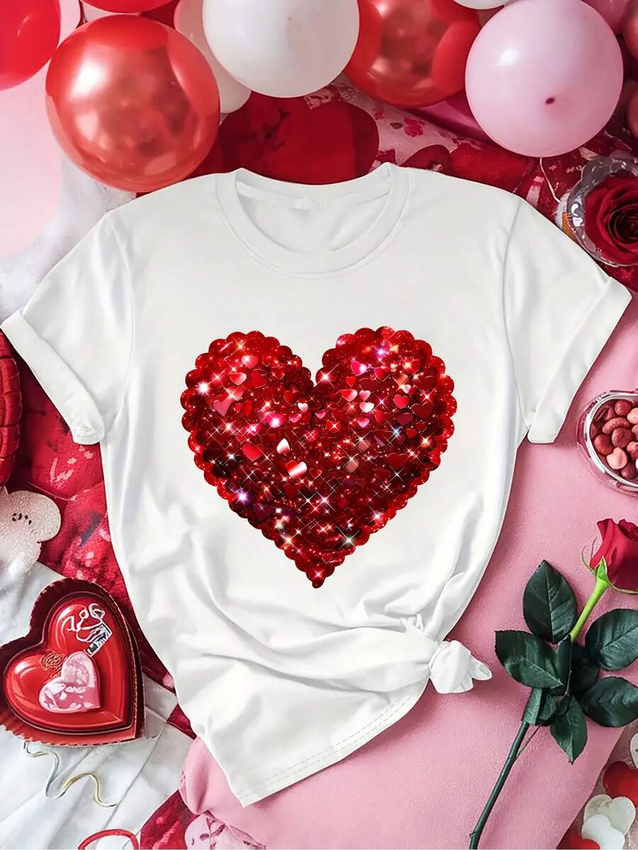 Stylish And Sparkling Heart Print T-Shirt, Casual Short Sleeve Round Neck T-Shirt, Fashionable And Versatile Top For Women - 白色 - 查看 1
