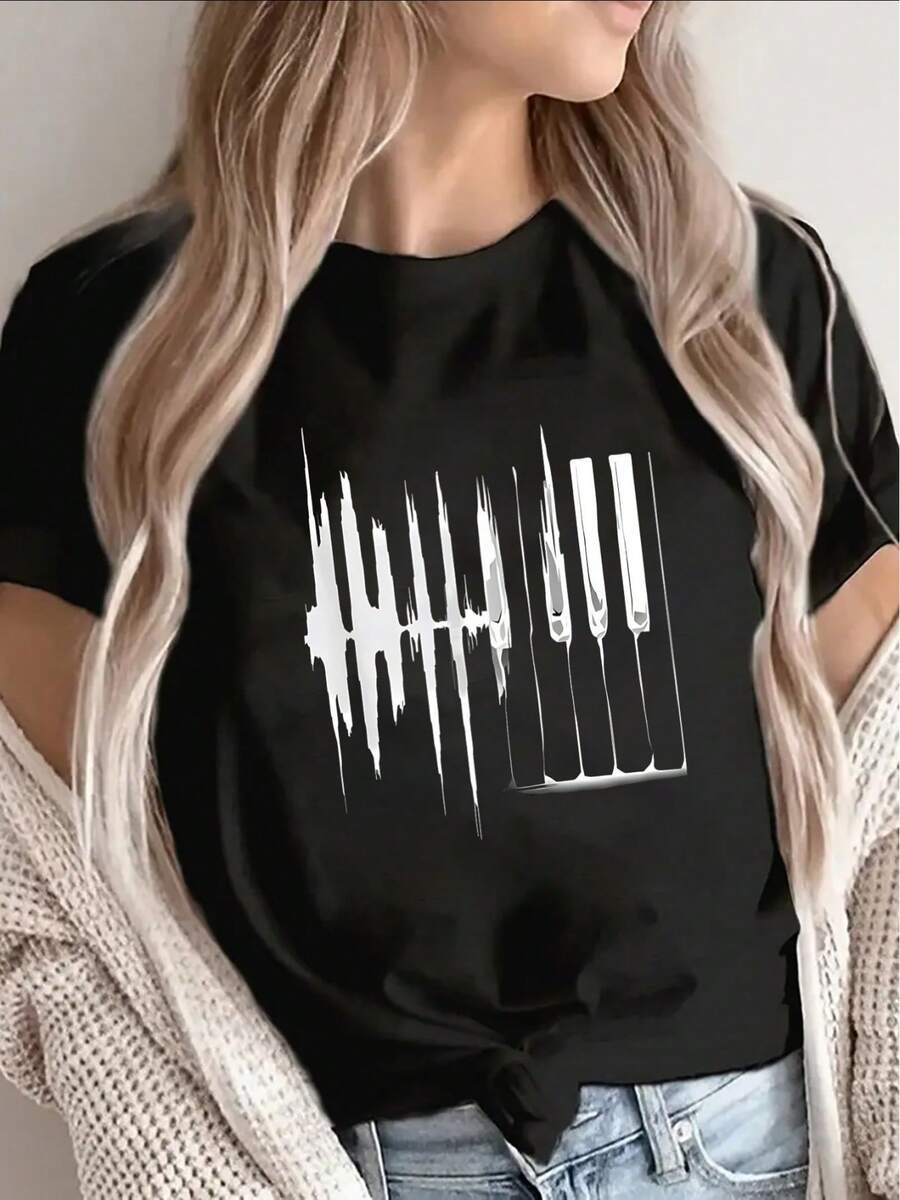 1 Short-Sleeved Polyester T-Shirt With Piano Wave Design, Lightweight And Durable, Suitable For Casual Wear At Home, In Cafes Or Music Studios, Comfortable And Fitted For Everyday Wear, 180g 100% Cotton. - 黑色 - 查看 1